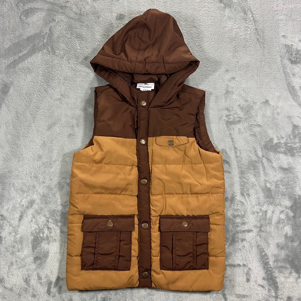 TOMMY BAHAMA Puffer Vest Kids M 7/8 Brown Tan Hooded Color Block Utility